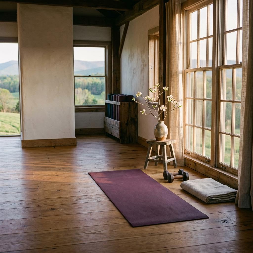 Sunlit movement space with a mat and hand weights